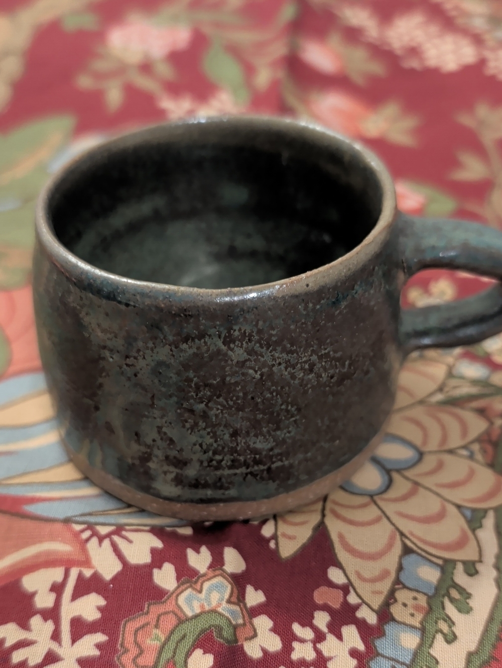 Handmade Rustic Ceramic Mini  Mug in Deep Green and Copper  Brown Color